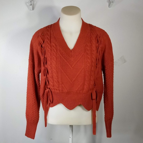 No Comment Burnt Orange Cable Knit Sweater Top Sz Lg - Picture 7 of 7